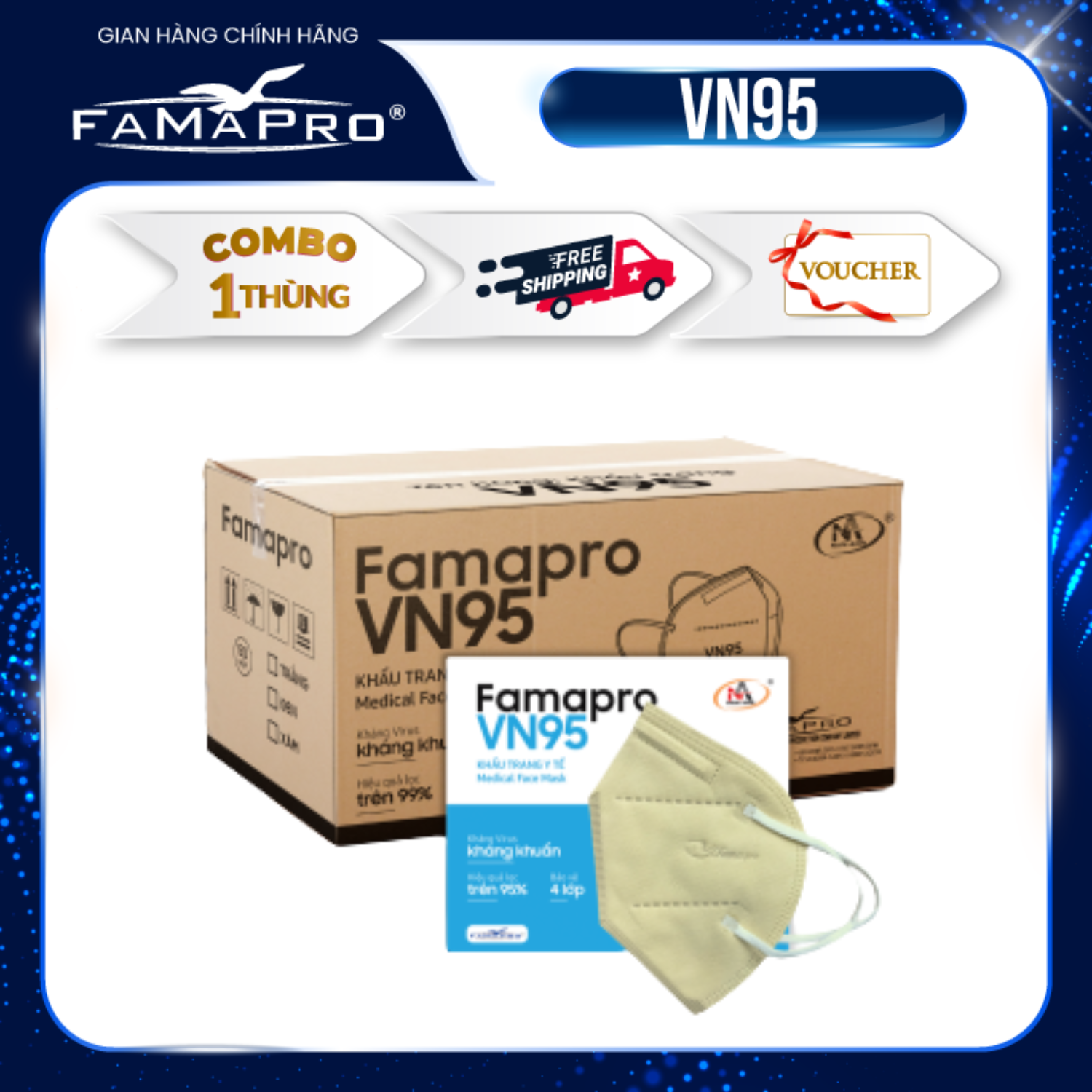 THÙNG – FAMAPRO VN95 Khẩu trang y tế kháng khuẩn 4 lớp Famapro VN95 50 hộpthùng – Kem – NỬA THÙNG 25 HỘP
