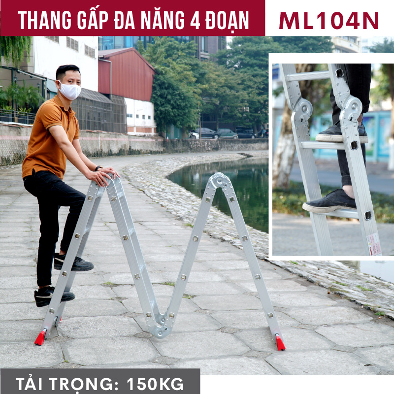 Thang nhôm gấp 4 đoạn đa năng FUJIHOME ML104N, cao chữ A 2.2m - chữ I 4,4 mét ,14 tư thế sử dụng , chốt khóa tự động, chân chống trơn trượt- Hàng chính hãng