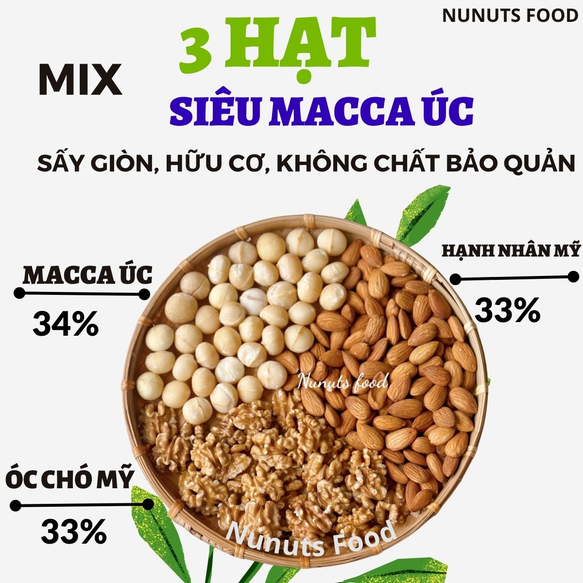 Mix hạt dinh dưỡng siêu macca gồm 3 loại tách vỏ ( macca Úc, hạnh nhân Mỹ, hạt óc chó Mỹ) hạt ngũ cốc ăn liền có sấy giòn, tẩm mật ong và hạt làm sữa