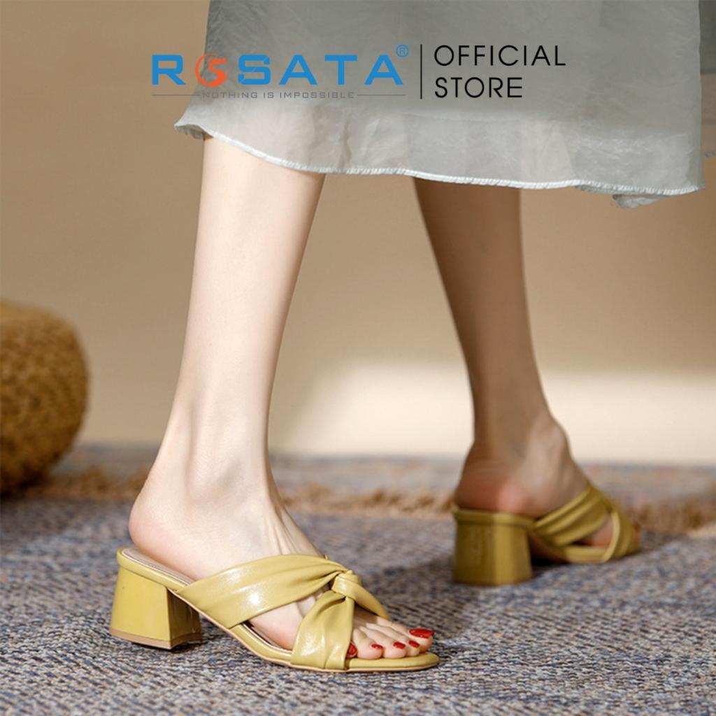 Giày sandal cao gót nữ ROSATA RO337 xỏ chân mũi tròn phối dây gót vuông cao 5cm xuất xứ Việt Nam - Kem