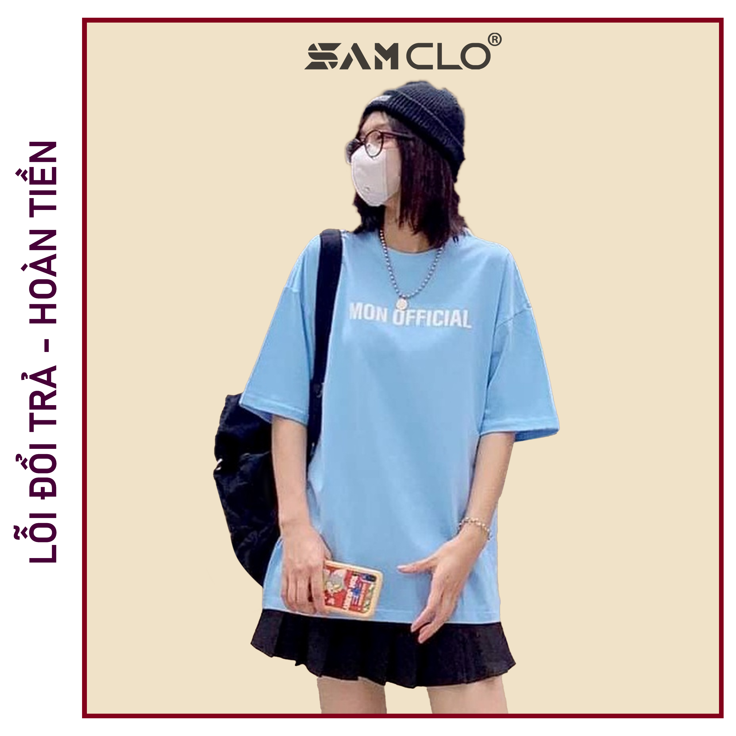 Áo phông nữ tay lỡ SAM CLO freesize thun form rộng dáng Unisex - mặc cặp, nhóm, lớp in chữ MON OFFICIAL - XANH DƯƠNG