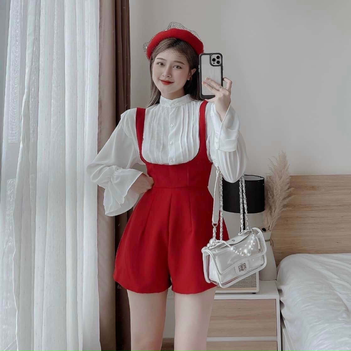 SET ĐẦM YẾM JUMPSUIT ĐỒ BAY NGẮN TRƠN QUẦN ỐNG RỘNG LƯNG CAO + ÁO SƠ MI TAY BỒNG DẠO PHỐ DỰ TIỆC GIÁNG SINH NOEL