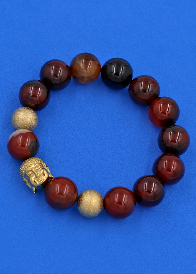 Chuỗi hạt đeo tay Thạch Anh Nâu 14 ly - Vòng tay Phật A Di Đà inox vàng VTANNLVHB14 - Vòng đeo tay size lớn