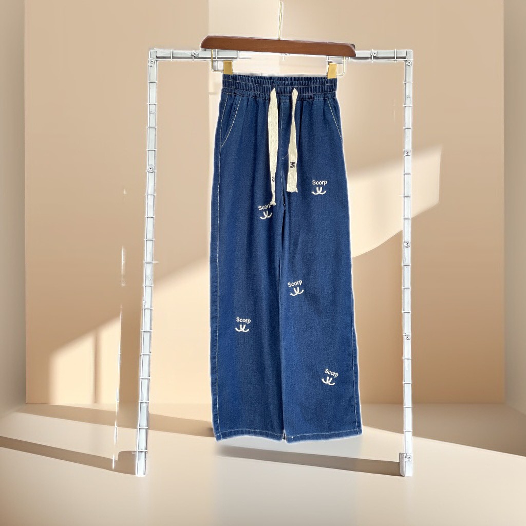 Quần bò giấy cho bé gái ồng sớ size đại 9-18 tuổi thêu chữ Scorp vải mỏng mềm mại thời trang mặc được cả 4 mùa
