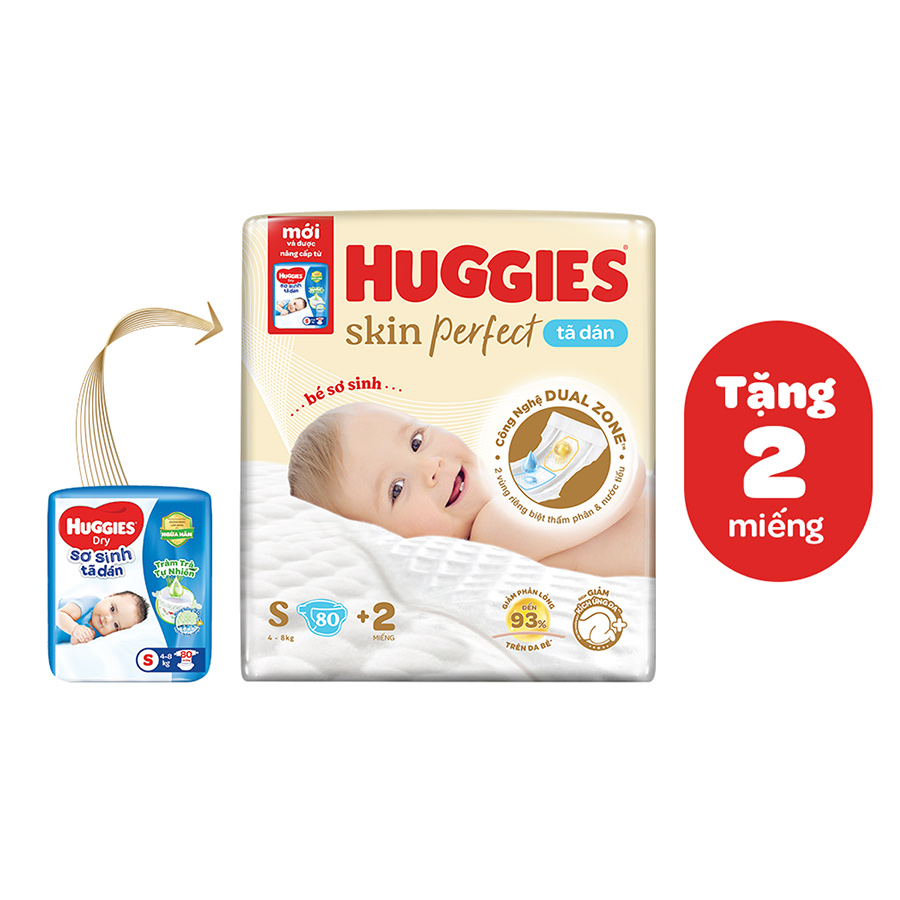 Tã/bỉm dán sơ sinh Huggies Skin Perfect S 80+2 miếng với 2 vùng thấm giảm kích ứng da