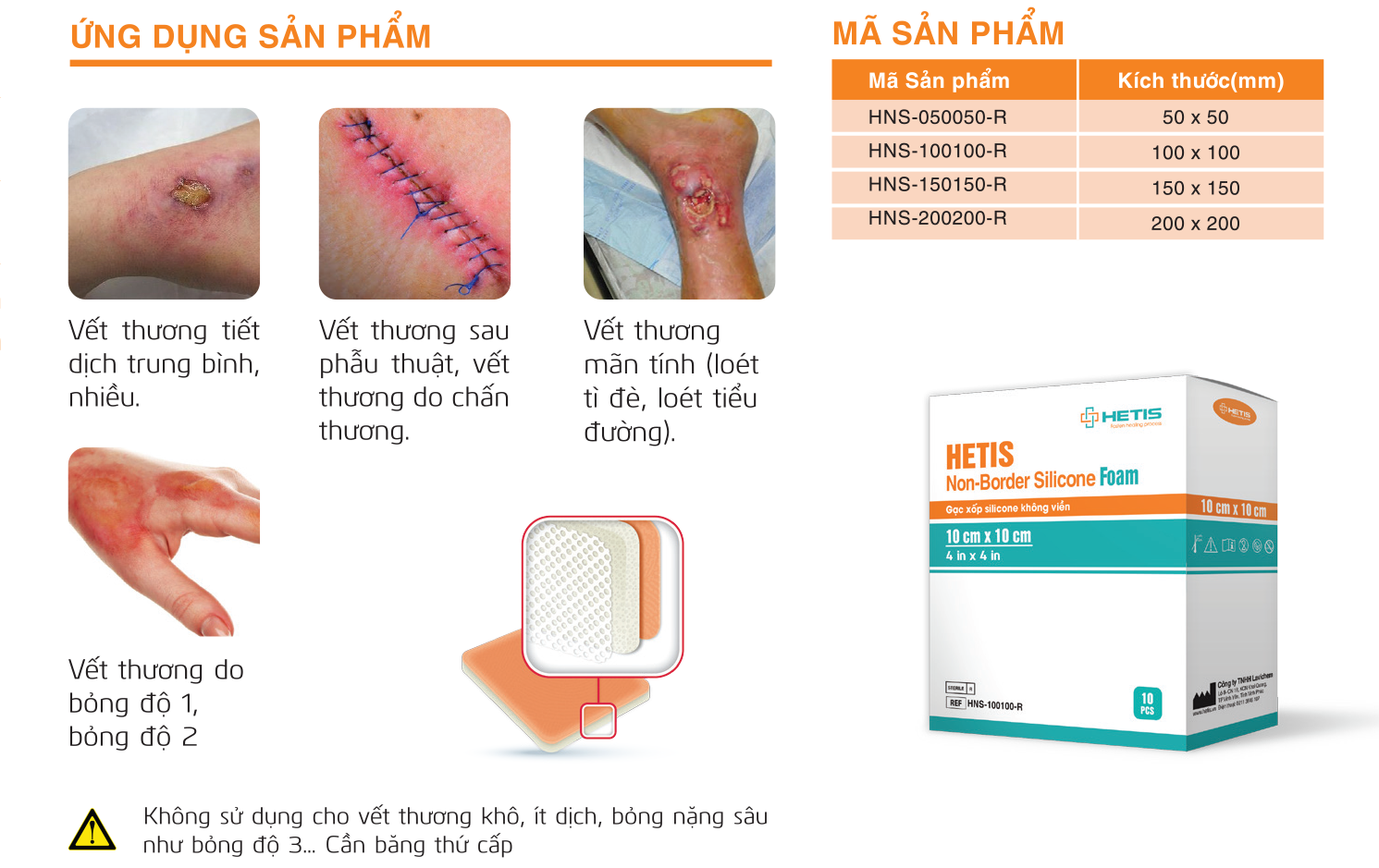 Gạc xốp HETIS Non-Border Silicone Foam không viền dán trực tiếp vào vết thương cho các vết loét, vết thương tiết dịch nhiều (1 Miếng )