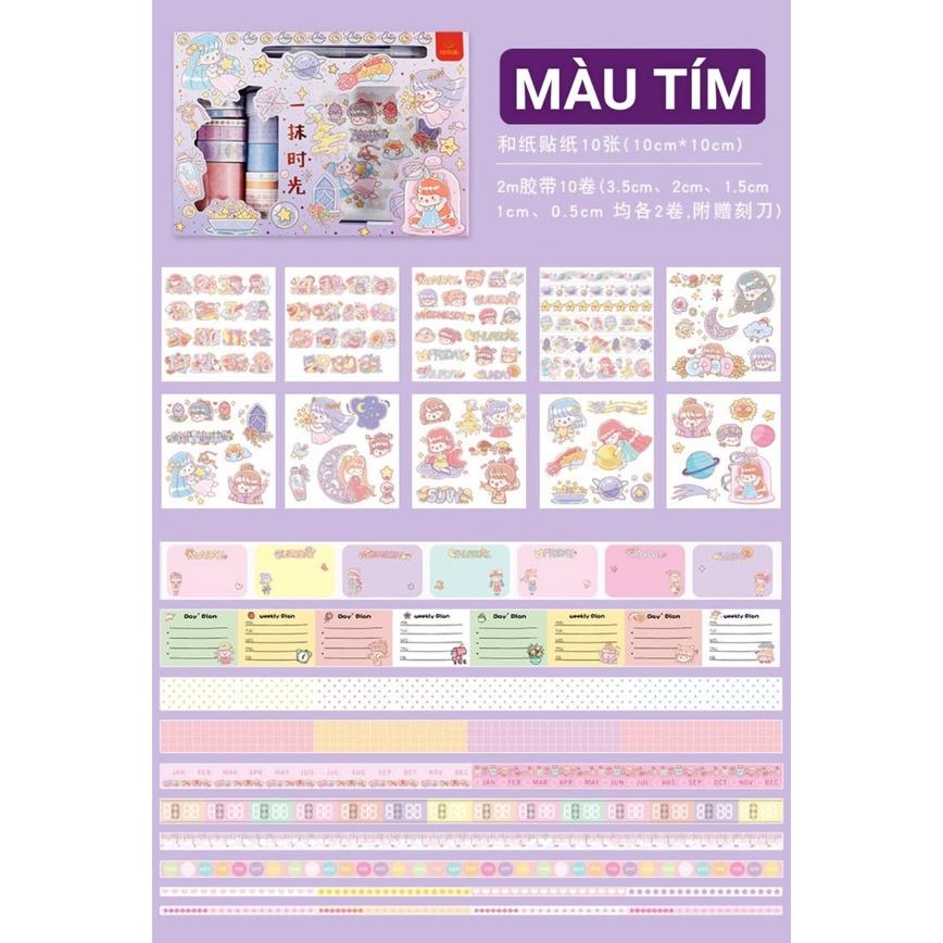 Hộp 19 Washi Tape Kèm 10 Miếng dán Sticker đẹp 10x10cm, kèm 1 bút cắt băng dính dán và ticker chuyên dùng giá siêu rẻ