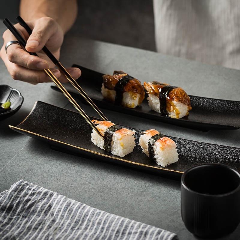 Đĩa sứ sushi Men nhám đen Viền vàng , đĩa sứ dài kiểu Nhật