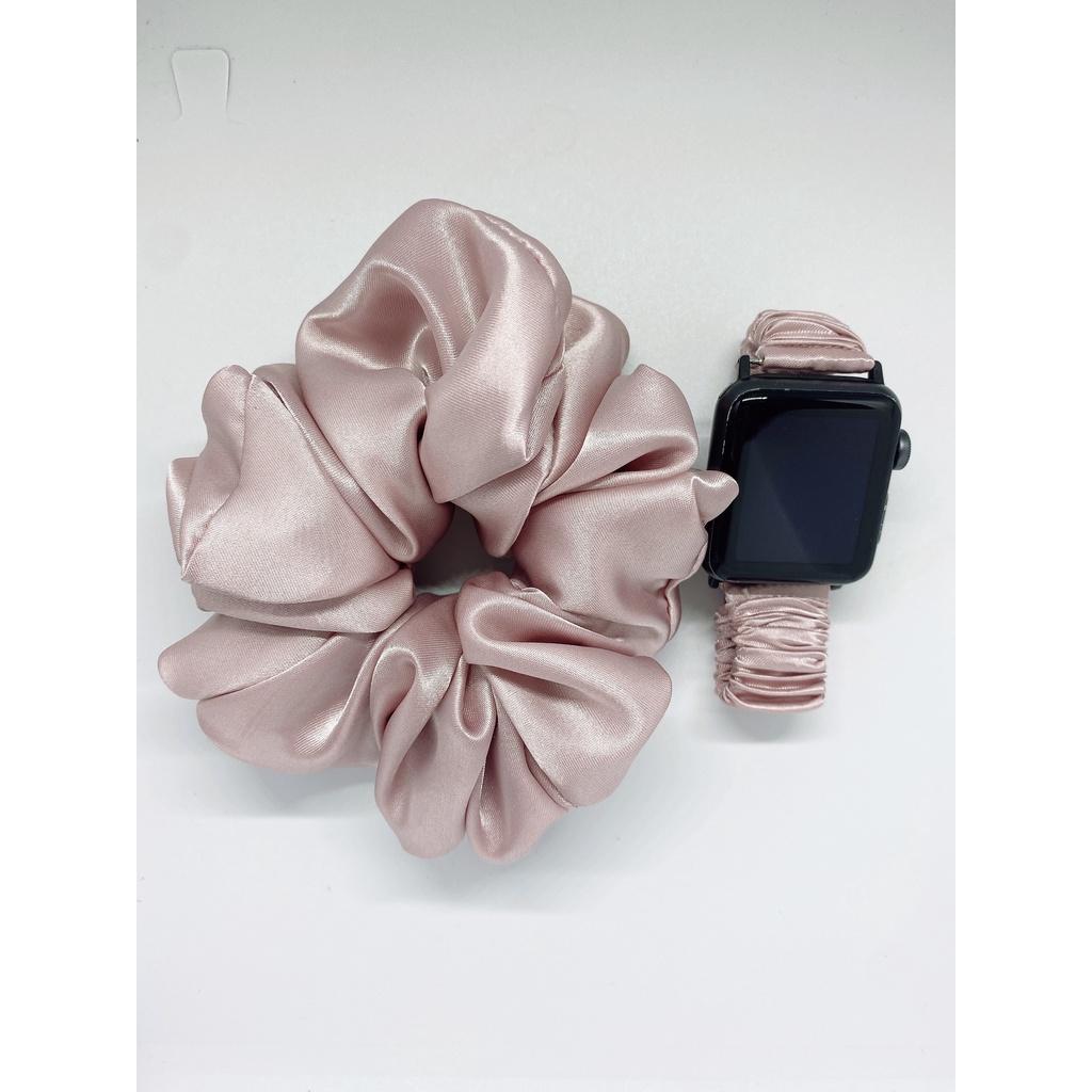 Combo dây đồng hồ apple watch và scrunchies dây cột tóc, buộc tóc vải satin lụa HỒNG Noel