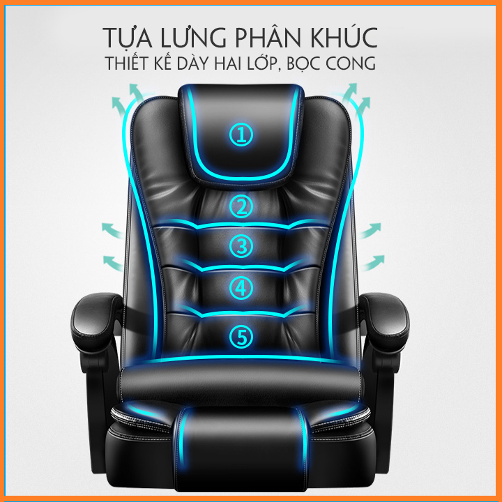 Ghế Văn Phòng Cao Cấp. Ghế Giám Đóc HC148. Có Massage Lưng 5 Điểm. Ghế Công Sở Chân Xoay 360° Có Gác Chân, Ngả Lưng.