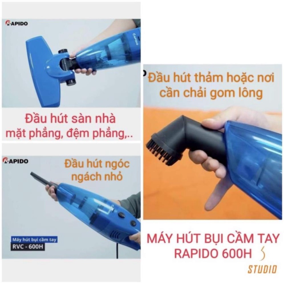 Máy hút bụi cầm tay Rapido RVC-600H lực hút 15.000PA ionizer diệt khuẩn, lọc bụi mịn, phù hợp mọi gia đình, BH 12 tháng - Hàng chính hãng