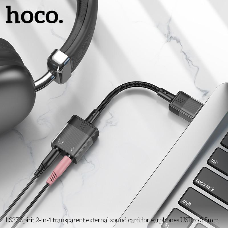Dây cáp chuyển đổi âm thanh 3.5 Hoco LS37 Spirit cho tai nghe USB, Type C to 3.5 hàng chính hãng - USB ra 2 cổng 3.5