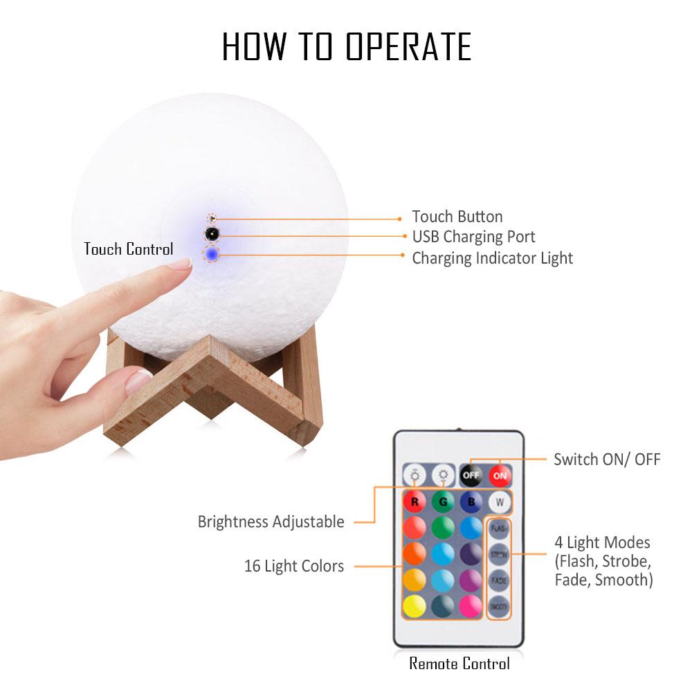 Đèn ngủ mặt trăng in 3D với điều khiển cảm ứng đứng điều khiển từ xa 16 màu