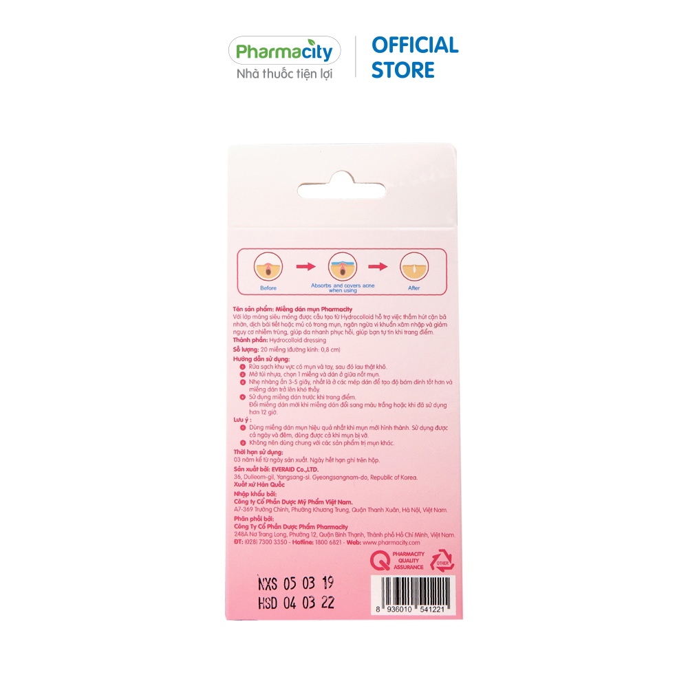 Miếng dán mụn Pharmacity Acne Patch thấm hút mủ và hỗ trợ phục hồi (Hộp 20 miếng)