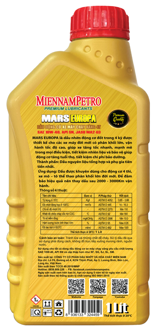 Dầu Nhớt MiennamPetro Mars Europa 4T 10W-40 API SN JASO MA2 1L Bảo Vệ Động Cơ Xe Máy 4 Thì Và Tiết Kiệm Nhiên Liệu