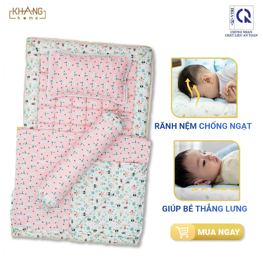 Bộ Nệm Trẻ Em Chần Bông Cho Bé Đi Học Khang Home Baby Safety BBS23 80x125cm - 100% Cotton Thiên Nhiên - Giúp Bé Ngủ Thẳng Lưng Không Cong Vẹo Cột Sống