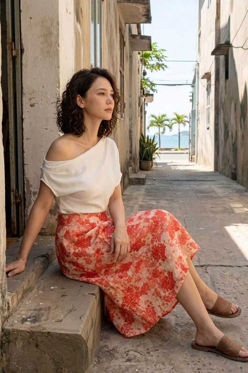 Váy Midi Ramie In Hoa Thanh Minh Ski055 Thời trang Hity