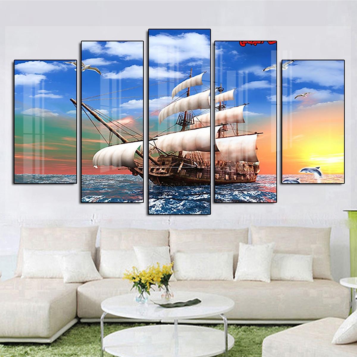 Tranh Tráng Gương Pha Lê Treo Tường Hiện Đại _ Tranh Bộ 5 Thuận Buồm Xuôi Gió