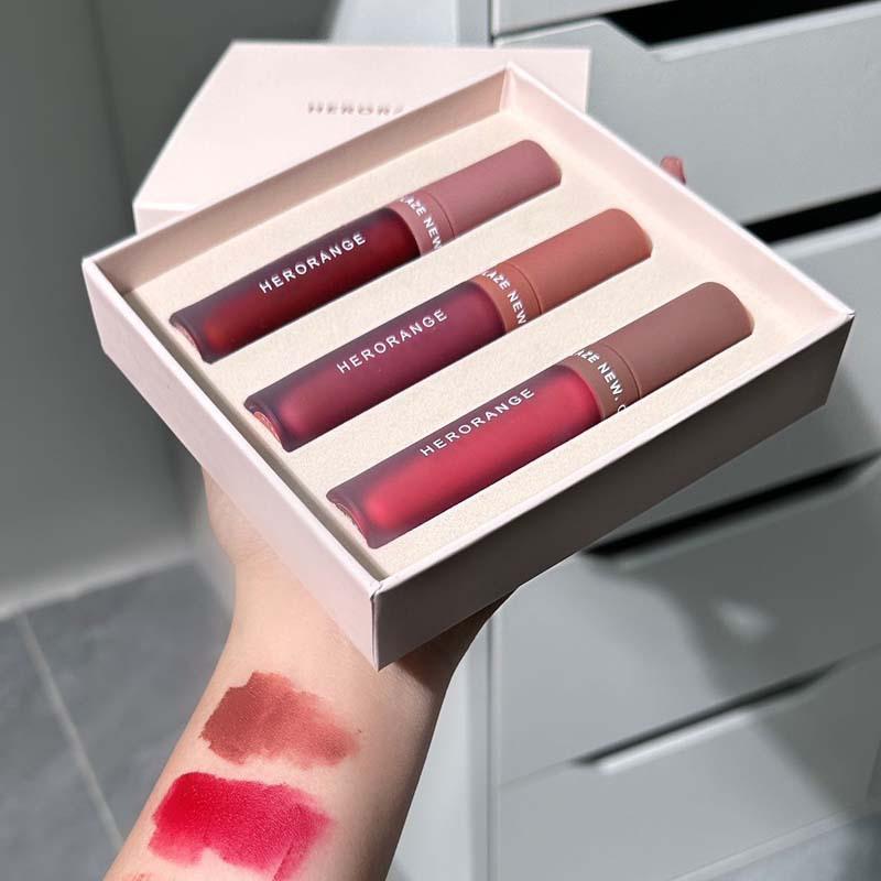 Set 3 cây son lì HERORANGE/VELVET LIP GLAZE THREE COLOR SUIT lâu trôi mịn như nhung - Hity Beauty