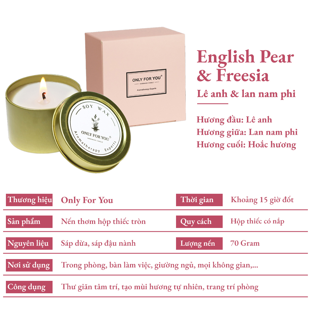 Nến thơm Only For You hộp thiếc 70G sáp dừa đốt không khói - tạo mùi hương làm quà tặng độc đáo
