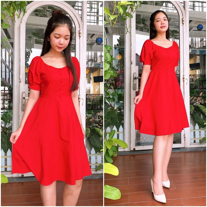 Đầm Xòe Phối Nút Cách Điệu Thời Trang