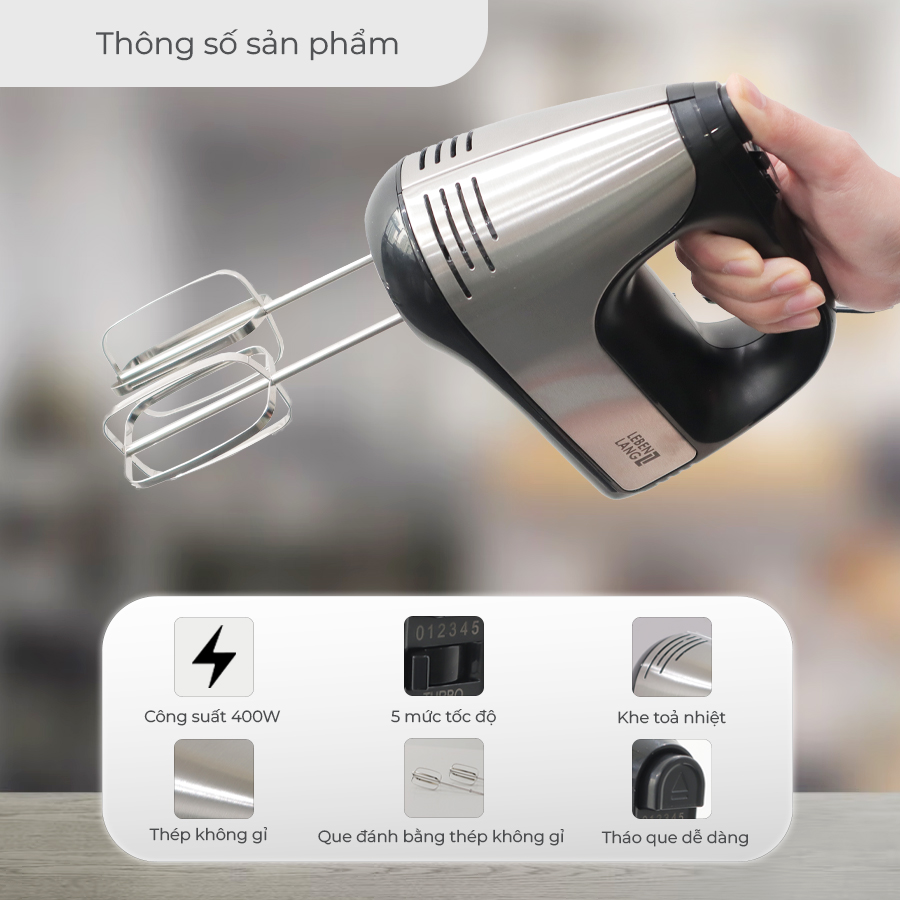 Máy đánh trứng Lebenlang, máy trộn cầm tay 5 tốc độ, công suất lớn 400W, bảo hành 2 năm - hàng chính hãng