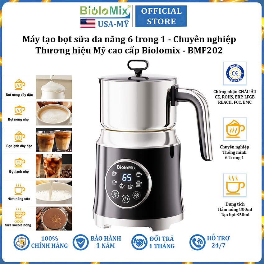 Máy đánh sữa tạo bọt đa năng chuyên nghiệp 6 trong 1 thương hiệu Mỹ cao cấp Biolomix BMF202 - Hàng chính hãng