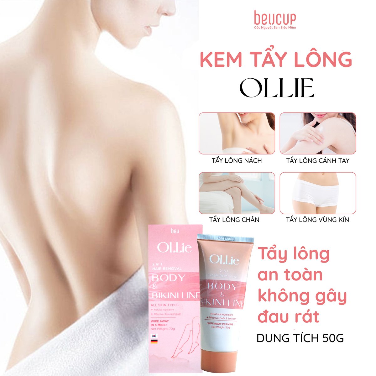 Kem tẩy lông OLLIE + gel dưỡng ngăn mọc lông OLLIE , tẩy lông bikini, nách, tay, chân, an toàn không đau rát dung tích 70ml