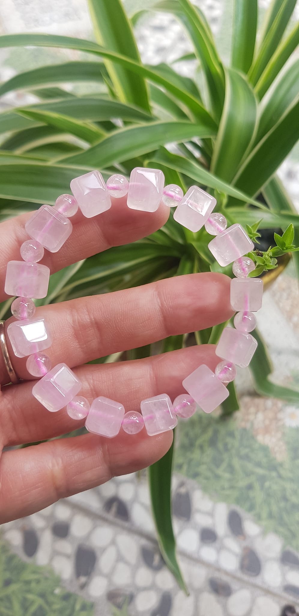 Vòng tay nữ kiểu đá thạch anh hồng tự nhiên hạt vuông tròn đan xen rất là đẹp Size hạt vuông 9mm phối bi nhỏ 6mm màu hồng tươi nhẹ nhàng nữ mệnh hỏa mệnh thổ đeo có 499k ạ