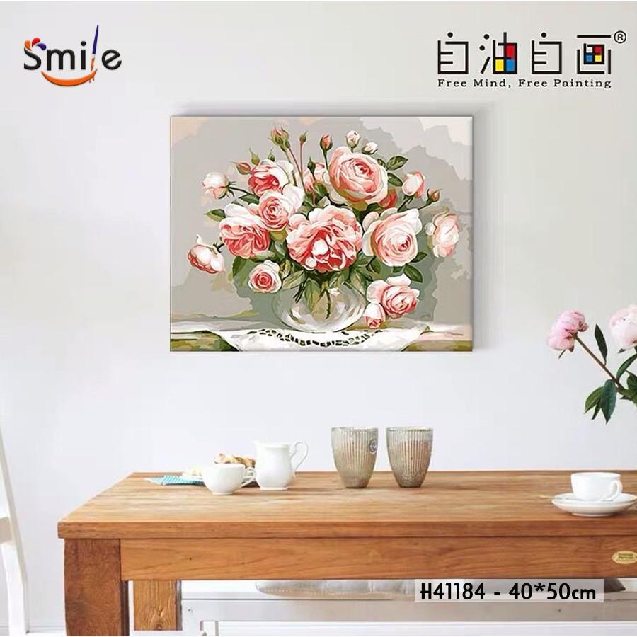 Tranh tô màu theo số sơn dầu số hóa cao cấp Smile FMFP Lọ hoa hồng H41184