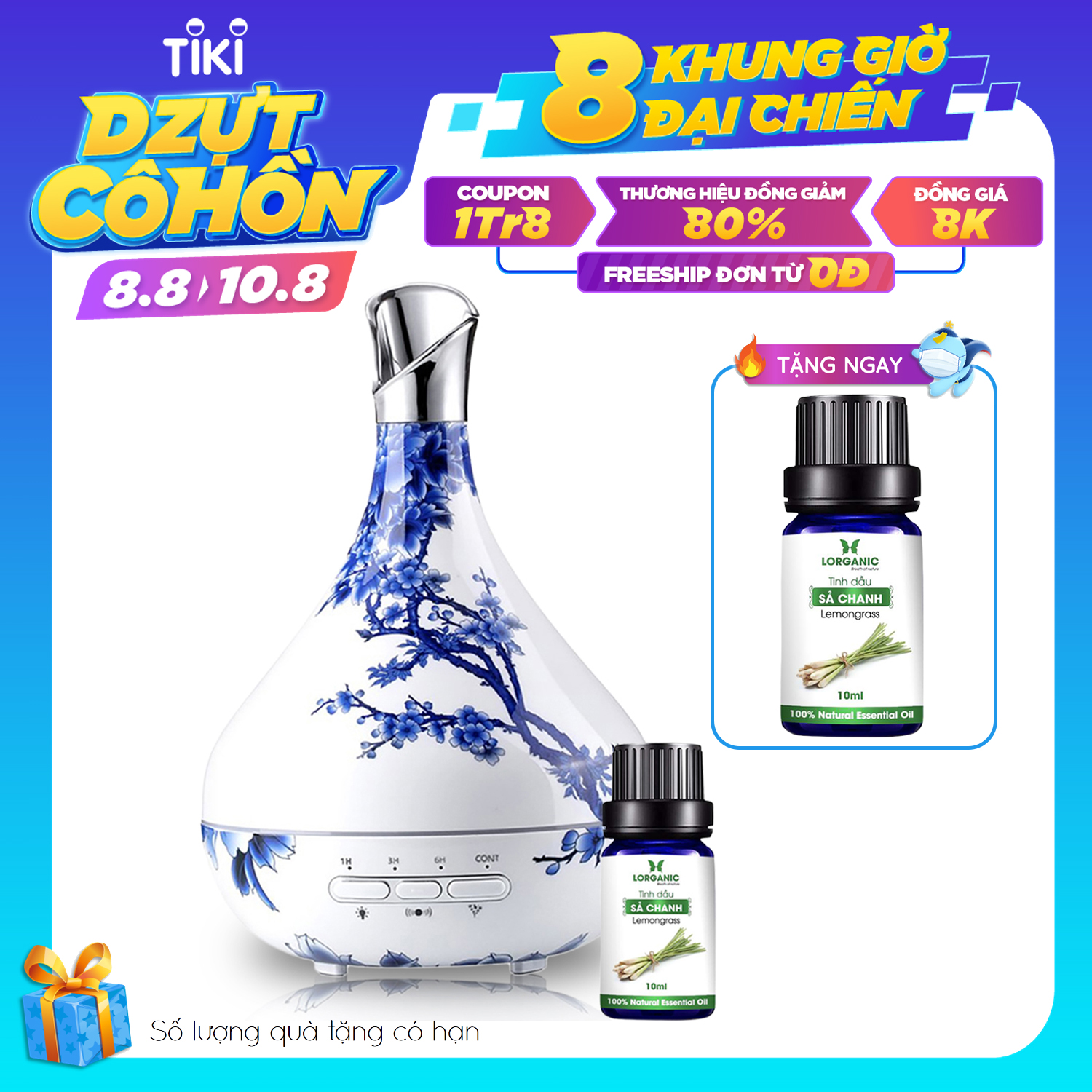 Combo máy khuếch tán/ máy xông tinh dầu Lorganic Bình Hoa Tulip Trắng FX2070 (Có remote) + tinh dầu sả chanh Lorganic (10ml)/ Phun sương sóng siêu âm/ Thích hợp xông phòng 15-40 m2