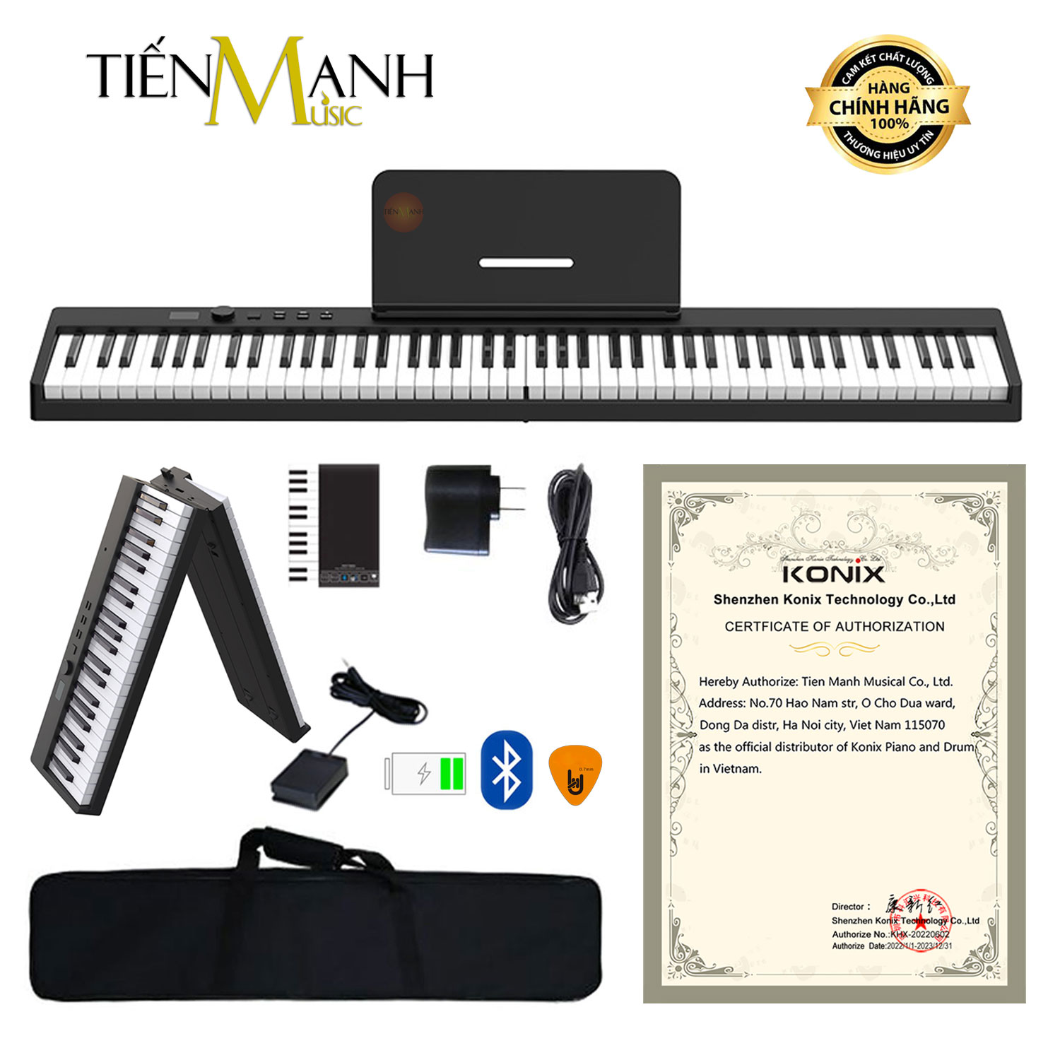 [Gấp Gọn] Đàn Piano Điện Konix PJ88C - 88 Phím Cảm Ứng Lực Midi Keyboard Controllers (Pin sạc, Bluetooth, Pedal sustain PJ88) Hàng Chính Hãng - Kèm Móng Gẩy DreamMaker