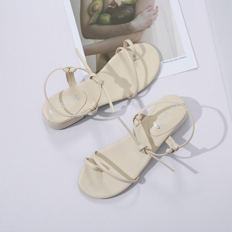 Hàng Quảng Châu - Sandal xỏ ngón quai mảnh da mềm, dây tự buộc độc đáo, đế cao 3cm, 2 màu Đen + Kem - Mã S09