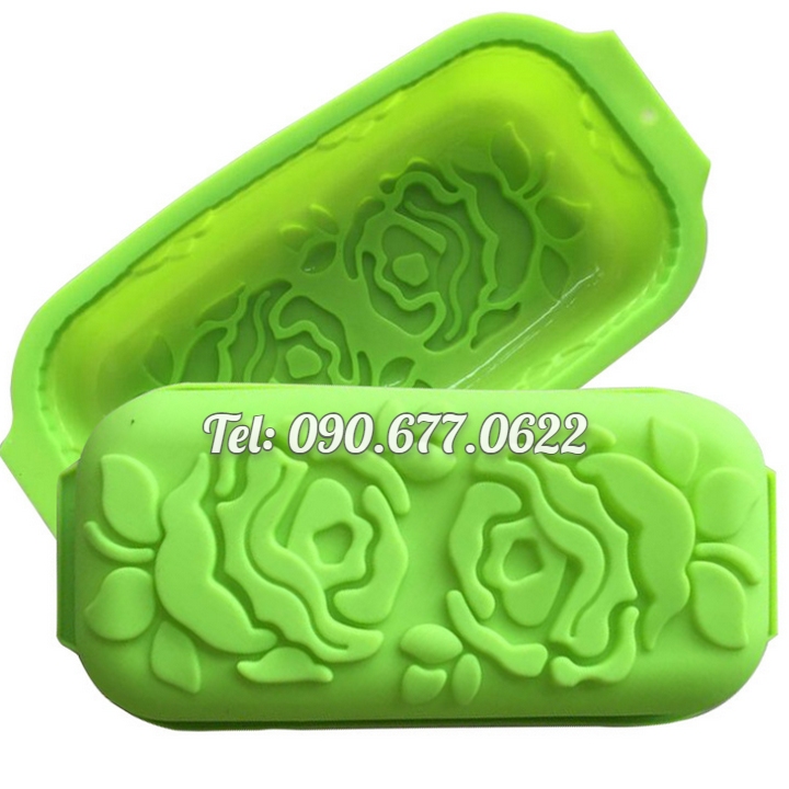 Khuôn silicone làm bánh, rau câu, bánh mì hình chữ nhật hoa hồng đôi kèm lá – Loại 29 cm - Mã số 1109