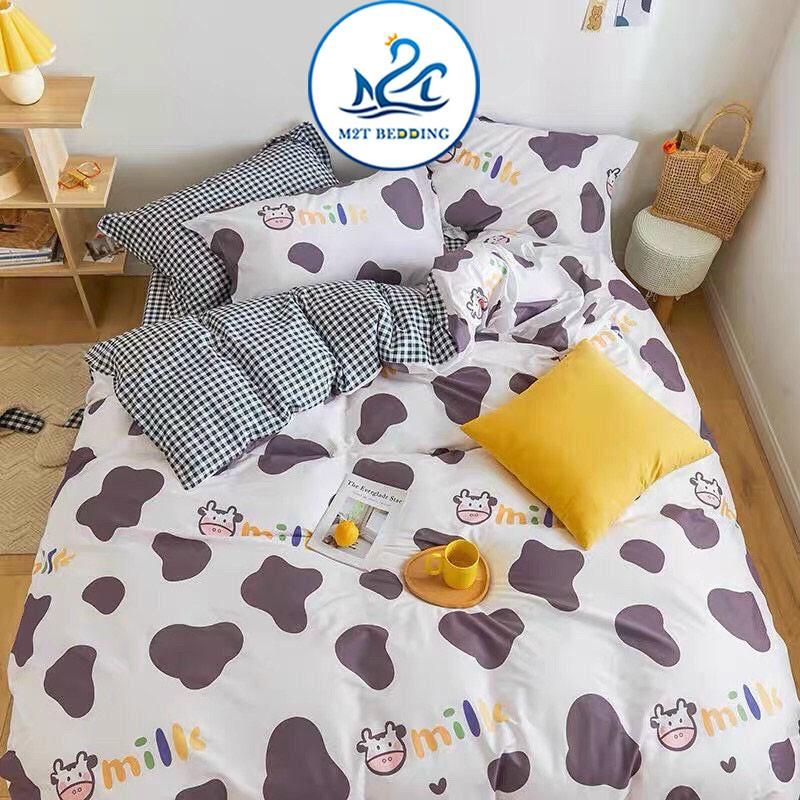 Bộ chăn ga gối Cotton poly M2T bedding Bò Milk tím, vỏ chăn mền, drap giường và 2 vỏ gối
