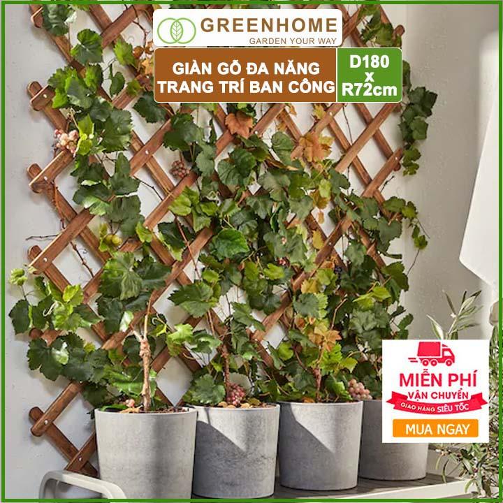 Giàn gỗ treo ban công, R72xC180cm, gỗ tràm siêu bền, màu gỗ, co giản được, làm khung hoa hồng leo, bông giấy |Greenhome