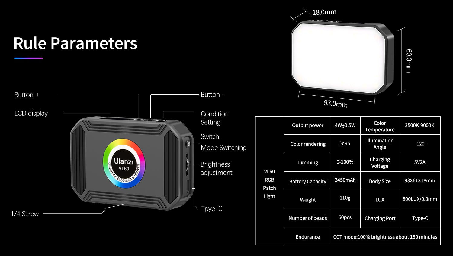 ULANZI VL60 RGB (2500-9000K) - HÀNG CHÍNH HÃNG - Đèn LED đổi màu RGB | 36.000 màu | 20 hiệu ứng đặc biệt | 2450mAh