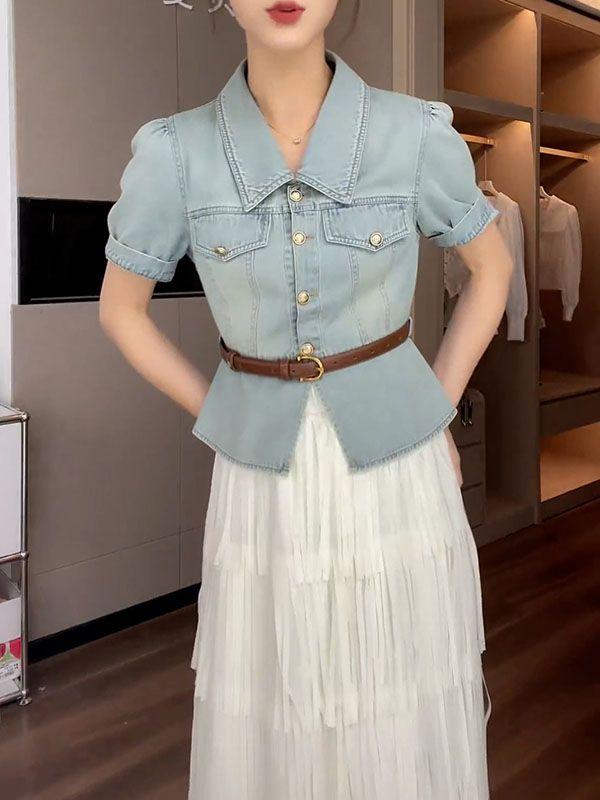 SHUANGYAN Trang phục giảm tuổi thanh lịch 2023 Áo denim ngắn mùa hè+váy nửa người màu