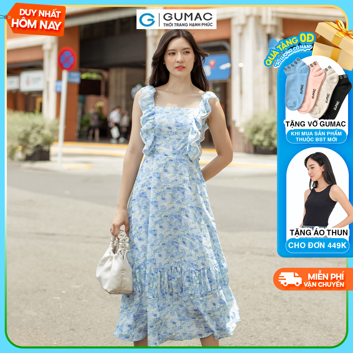 Đầm dáng xòe 2 dây phối bèo vải tơ nữ tính thanh lịch thời trang GUMAC DD06023