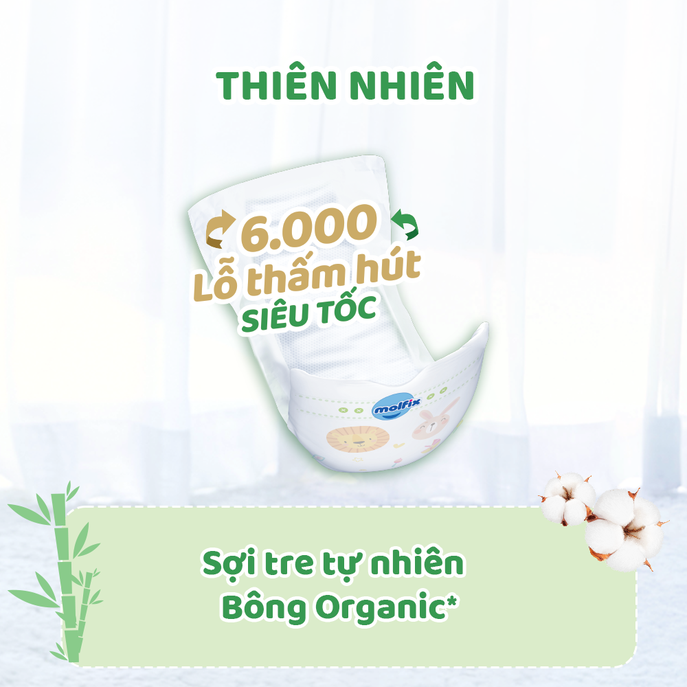 Miếng lót sơ sinh Molfix Thiên nhiên Super Jumbo Newborn 2 (trên 1 tháng tuổi) - Gói 60+6 miếng