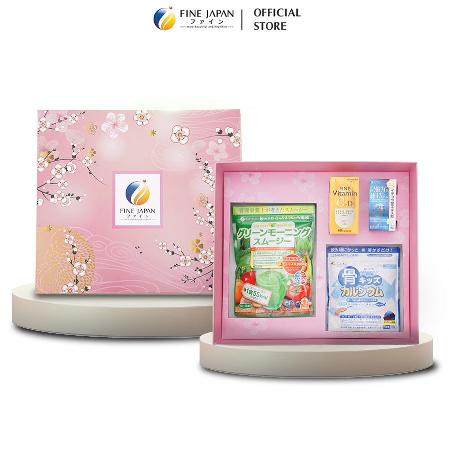 [Hộp quà Tết 2023] SAKURA TẾT VIÊN MÃN Fine Japan hộp quà cho cả gia đình (Bột rau xanh, Vitamin CD, bổ não, canxi cá tuyết)