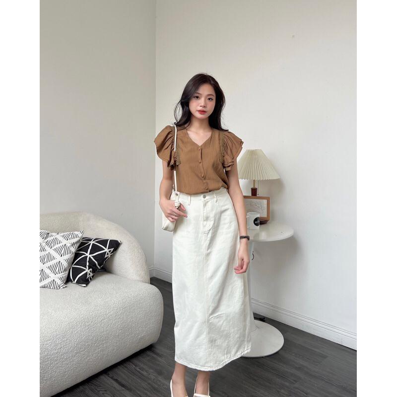 Chân váy jean bò nữ v238806 suông dáng dài cạp cao germe