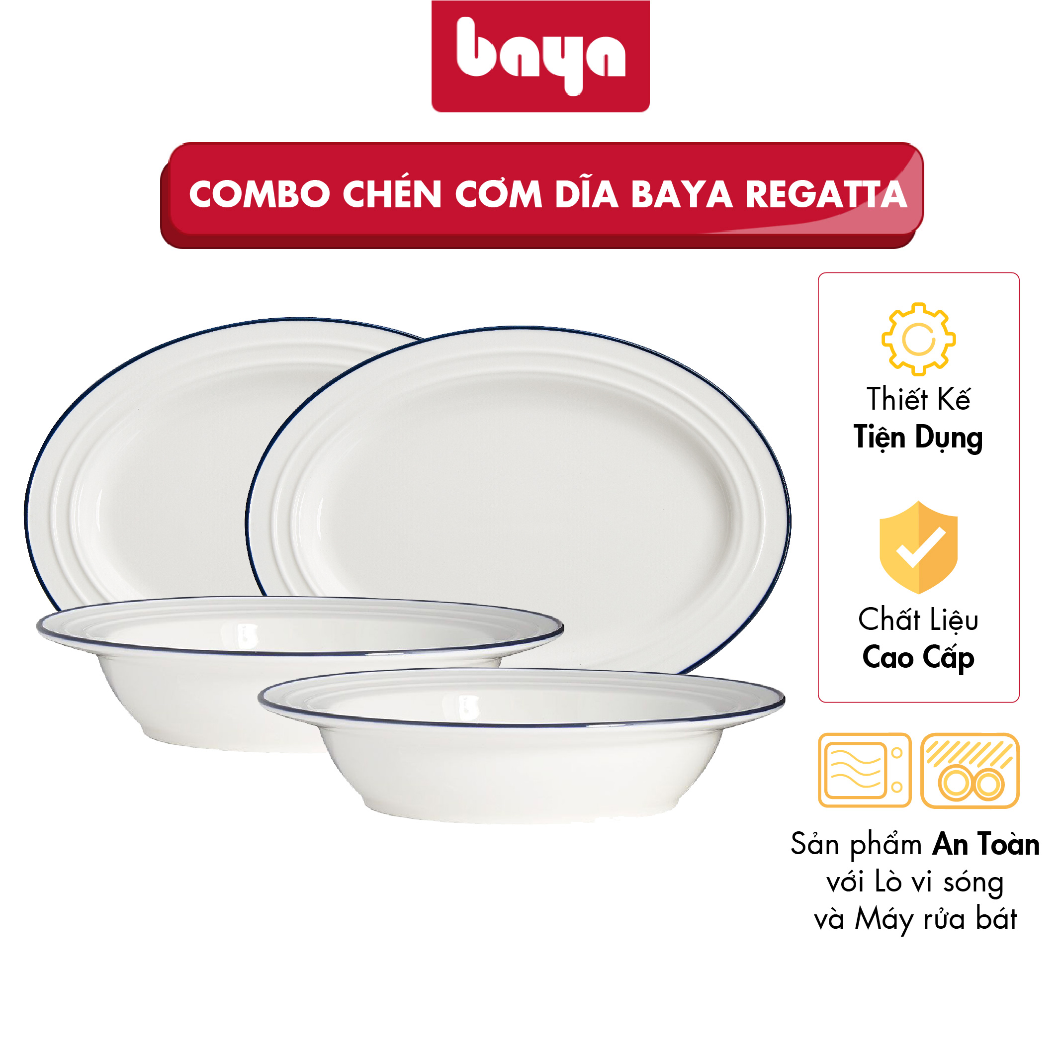 Bộ 2 Đĩa Sứ Lớn Và 2 Đĩa Sâu Lòng BAYA REGATTA Chất Liệu Sứ Trắng Tráng Men Viền Xanh Bóng Cao Cấp Phong Cách Hiện Đại 6000252