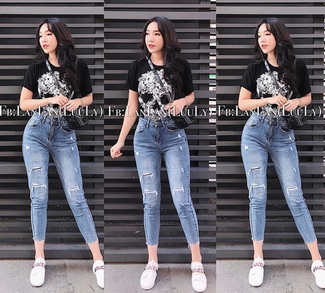 Quần jean nữ BIG SIZE dài 9 tấc rách vá đắp dành cho người béo 2436