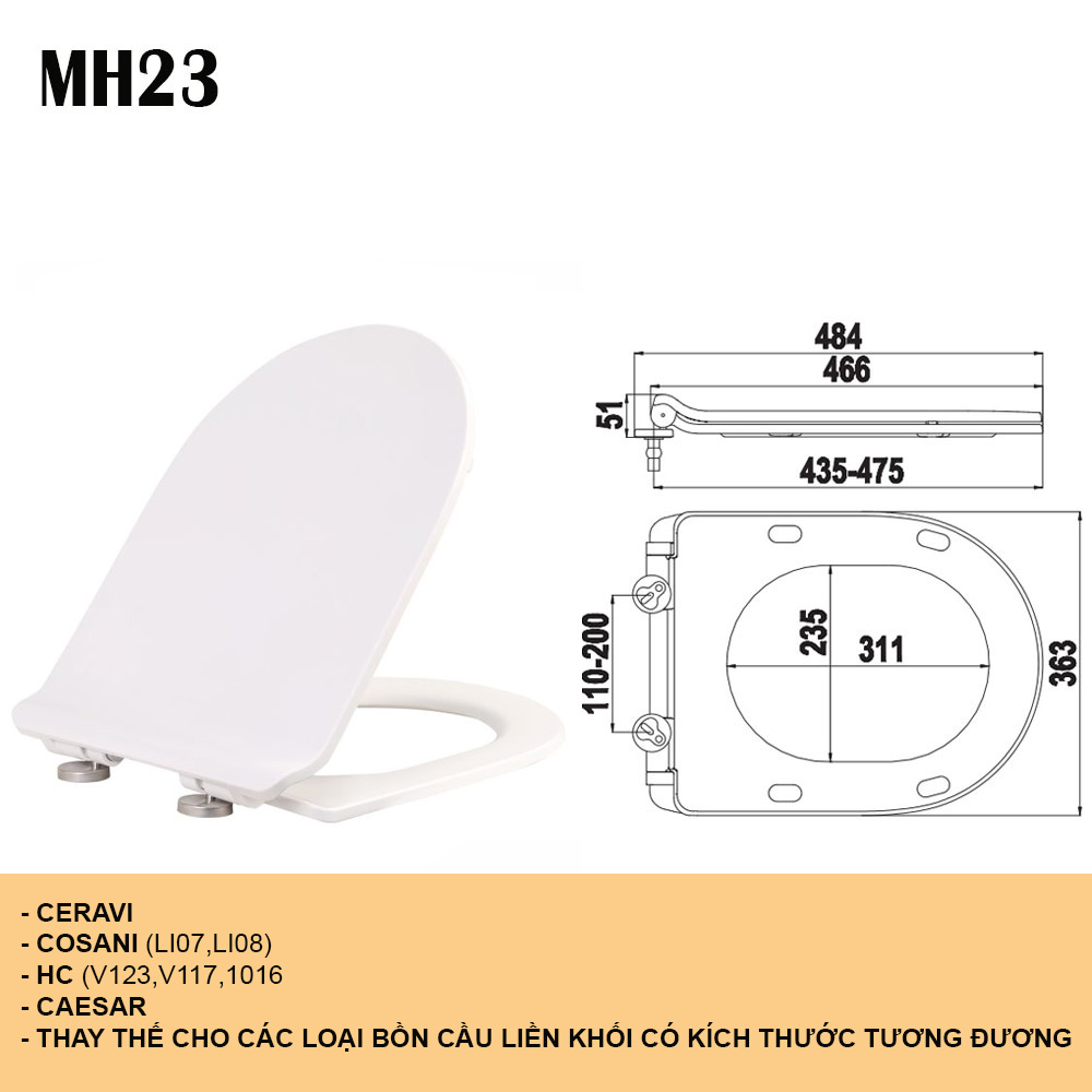 NẮP NHỰA BỒN CẦU VINALOHA - LH1-15 NẮP RƠI ÊM ỐC INOX