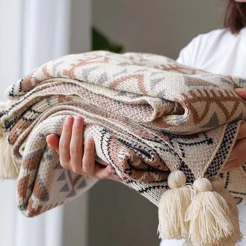 Chăn mềm nhập khẩu CAO CẤP, Chăn phủ sofa, Chăn cắm trại ngoài trời, Thảm thổ cẩm phong cách Bohemian dệt kim giữ ấm toàn thân đa chức năng