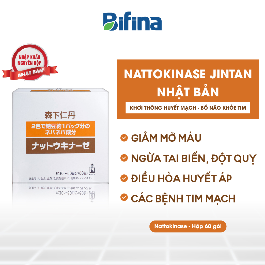 Thực phẩm bảo vệ sức khỏe Nattokinase Jintan Nhật Bản, hỗ trợ điều trị đột quỵ, tai biến, hộp 60 gói