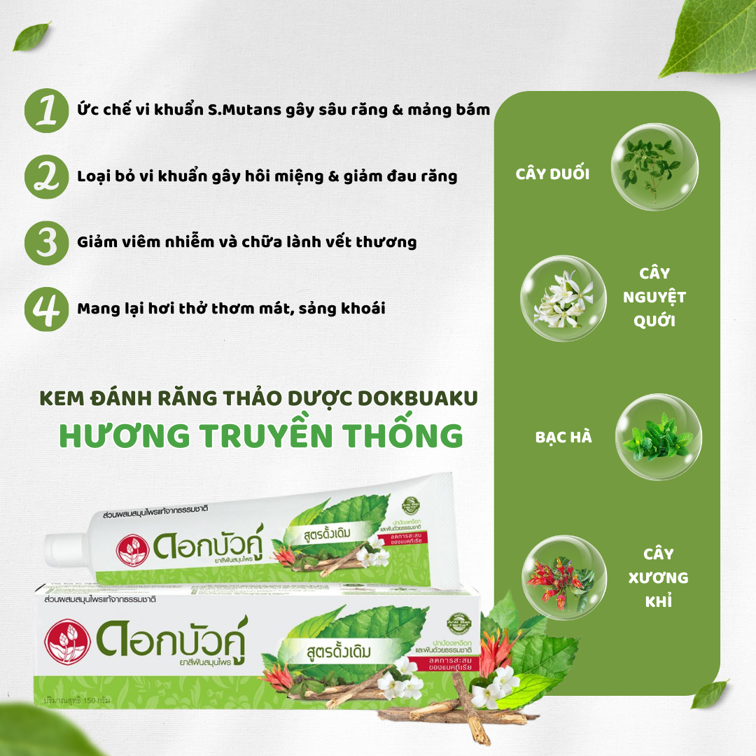 Kem đánh răng thảo dược Dokbuaku truyền thống giúp trắng răng - 150g/Tuýp