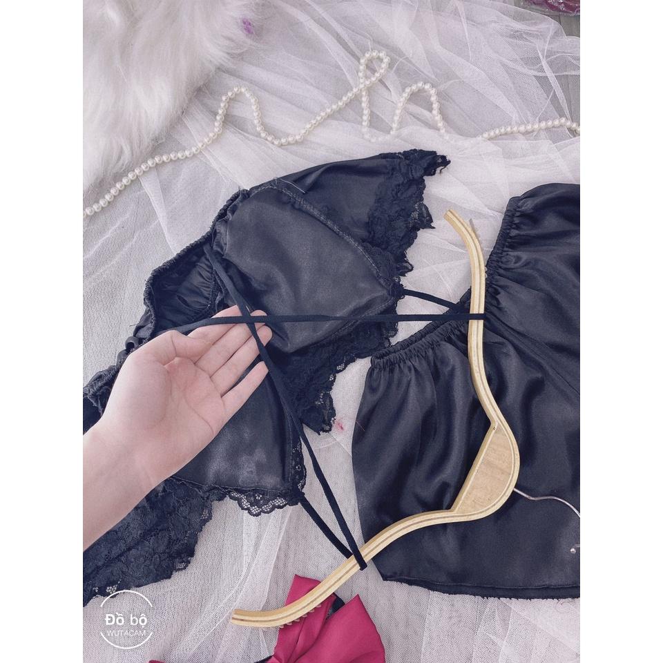Đồ ngủ sexy nữ, đồ ngủ 2 dây có mút ngực màu đen