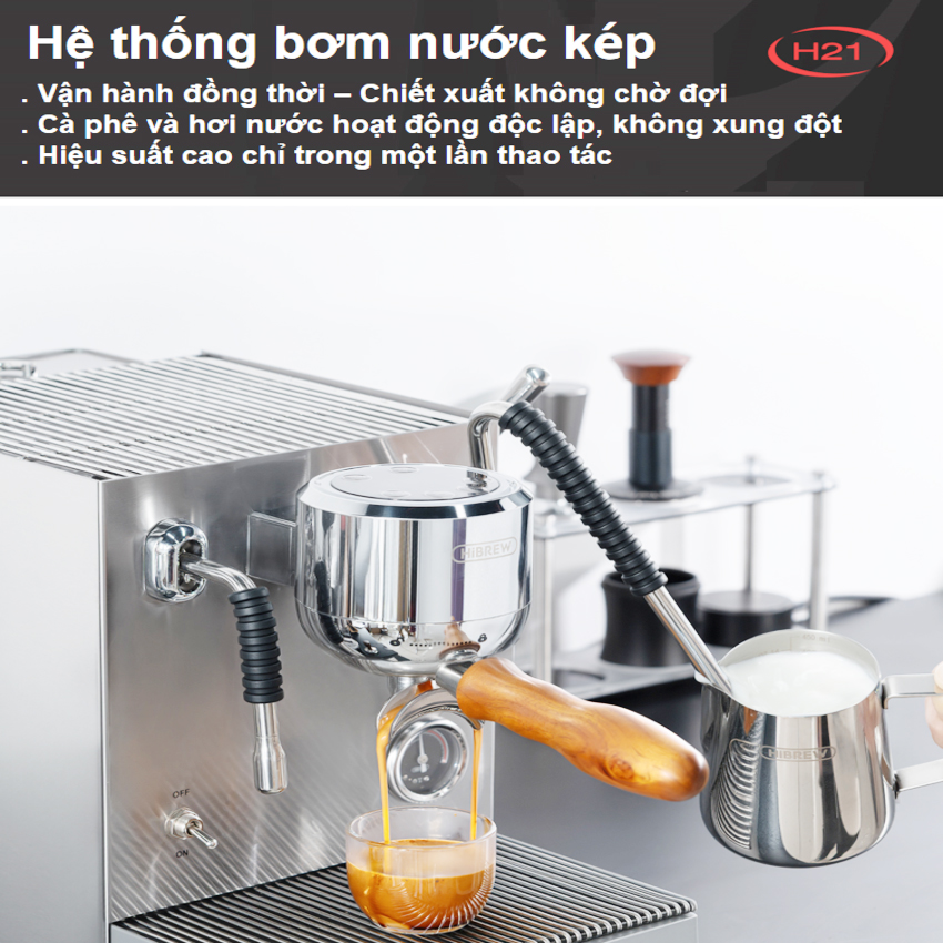 [ Hàng chính hãng] Máy pha cà phê Espresso, Cappuccino, Latte - Dòng chuyên nghiệp. Thương hiệu Mỹ cao cấp HiBREW - H21